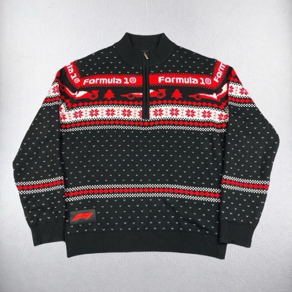 Formula 1 Sweater Mens Medium Fair Isle 1/4 Zip Jumper Winter Christmas Holiday
